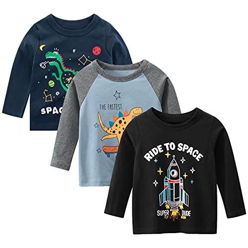 Amropi - Set 3 Magliette Manica Lunga Dinosauri per Bambino (2-3 Anni)