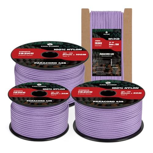 Kamu Synber 425 Paracord 3mm x 15m Corda Nylon 100% Tipo II 3 Fili Corda Paracadute Resistente per Sopravvivenza, Esterno, Fatto a Mano | Supporto 192kg | Lilla
