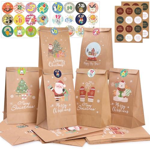 Hianjoo Sacchetti di Carta Natalizi, Calendario dell'Avvento Confezione da 24 Sacchetti Natalizi in Carta Kraft con 24 Adesivi per Decorazioni per Feste di Natale, 6 stili 22*12*8 CM (Carta Kraft)