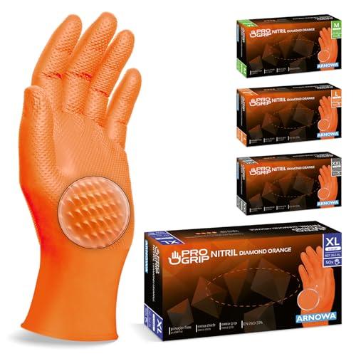 ARNOWA PROGRIP Guanti in Nitrile Arancione XL - Extra Resistenti, Monouso con Finitura Diamantata
