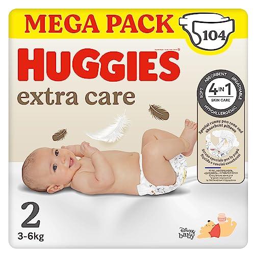 Huggies Extra Care Bebè, Pannolini Taglia 2 (3-6Kg), Ultra Assorbente, Design Disney, Pacco Mega, 104 Pezzi
