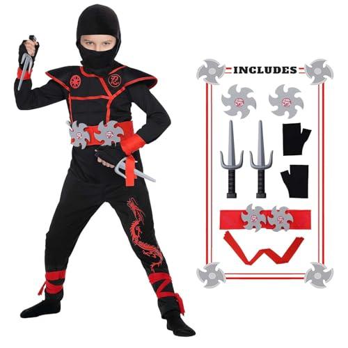 HaoVrisn 13 Pezzi Costume Carnevale Bambino con Vestiti Ninja e Armi Diverse, Costume Ninja Bambino per Carnevale, Halloween, Cosplay e Festa in Maschera