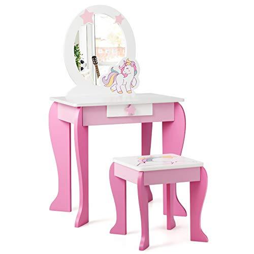 COSTWAY Set Toeletta per Ragazza, Toeletta Trucco per Bambini con Sgabello, Specchio Staccabile e Cassetto, Postazione Trucco in Legno per Cameretta 49.5 x 35.5 x 89cm (Rosa)