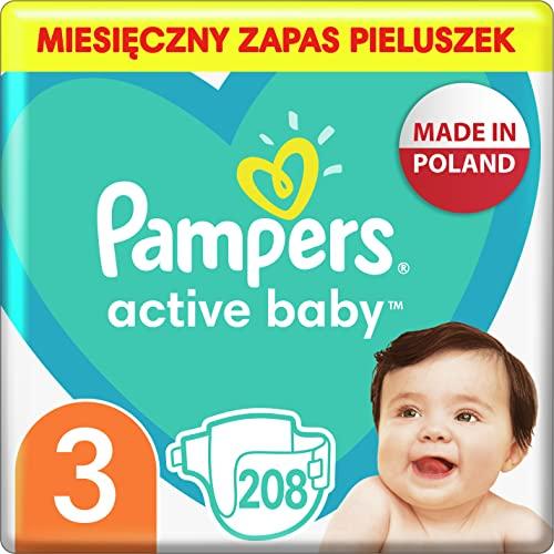 Pampers Baby Pannolini per bambini, taglia 3 (6-10 kg) Active Baby, 208 pezzi, confezione mensile, protezione da perdite tutto il giorno