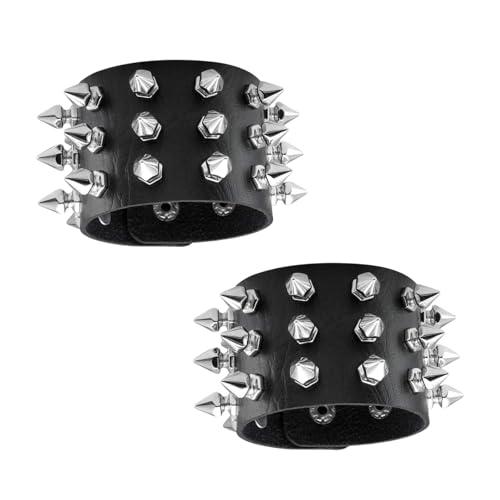 Fenglin-joy Bracciale Punk Borchiato in Pelle Nera Gotica - Set di 2