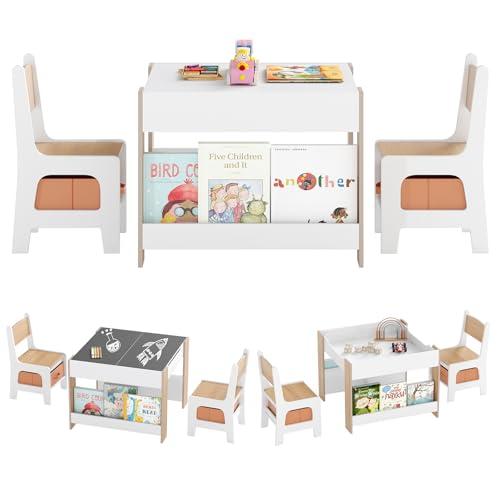 COSTWAY Set Tavolino Bambini con 2 Sedie 4 in 1 Naturale
