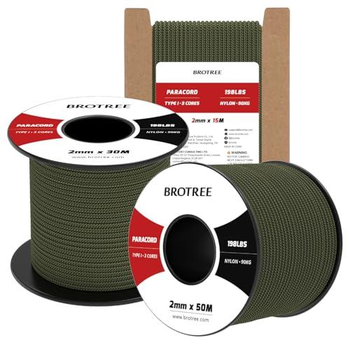 Brotree Paracord 2mm Verde Militare - Corda in Nylon a 3 Fili per Outdoor e Artigianato