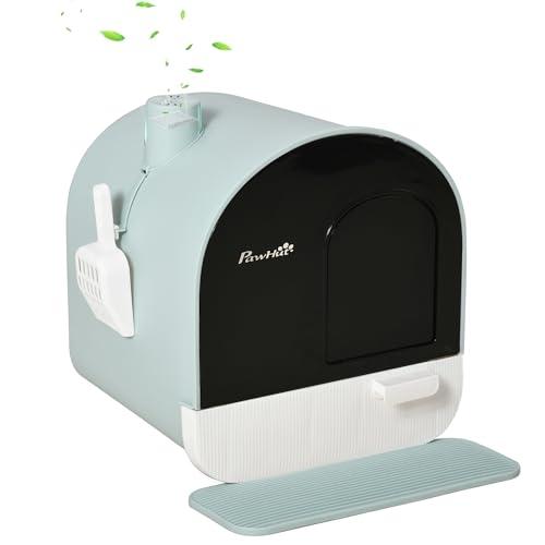 PawHut Lettiera per Gatti Chiusa, Vassoio Estraibile, Verde Bianco Nero