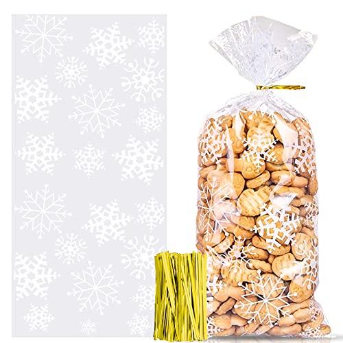 100 Pezzi Sacchetti Trasparenti per Biscotti e Caramelle di Natale, con Twist Tie Bianco