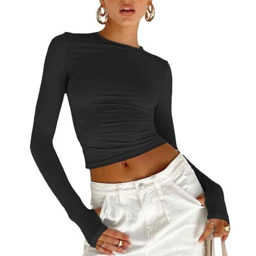 Maglietta a Manica Lunga Donna Sexy Maglietta a Maniche Lunghe con Fori per i Pollici Ragazza Crop Top in Pizzo Ragazza Top Solido Taglio Slim Aderente Ragazza Shirt Corto Elegante (Nero, M)