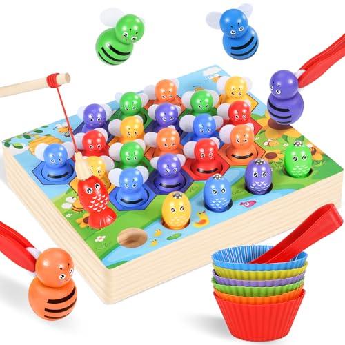 Ophy Giochi Montessori 2 3 4 5 Anni - Giocattolo in Legno Corrispondenza dei Colori Giocattoli Educativi con Ciotola 3 in 1 Giocattolo di Conteggio Bambini Regali per Bambini Gioco di Pesca Vector