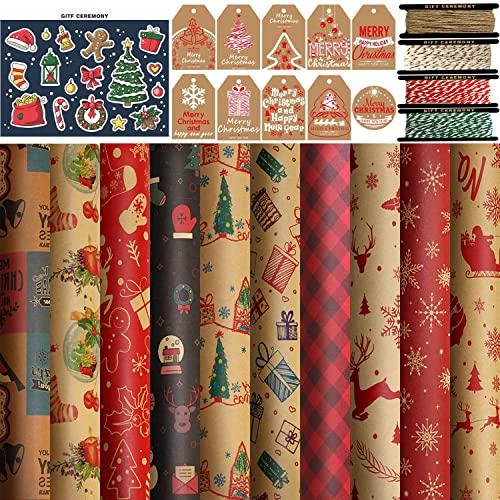 FullJoyHut Carta da Regalo Natalizio Set,tra cui 10 Carta da Regalo Natalizia,10 Etichette Regalo Natalizie Carta Kraft,4 Rotolo Corde di Luta e Cotone e Metallico per Confezione regalo di Natale