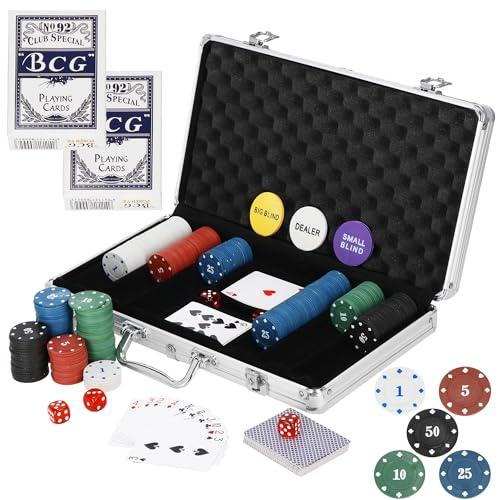 SPRINGOS Set da poker 300 chip, 2 giochi di carte, 5 cubi, custodia inclusa