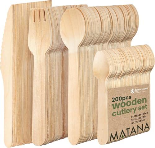 MATANA 200 Posate in Legno Usa e Getta - 50 Coltelli, 50 Forchette, 50 Cucchiai, 50 Cucchiaini - Senza Plastica, Ecologico, 100% Legno Naturale - Feste, Picnic, BBQ, Catering