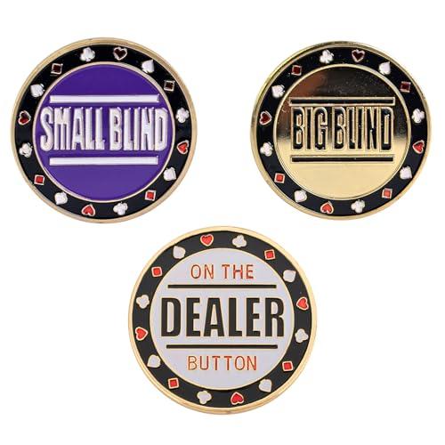 GOGO Set di 3 Bottoni da Poker in Metallo con Scritta in Inglese: Small Blind, Big Blind e Dealer Gettoni da Poker, Pulsante del Dealer