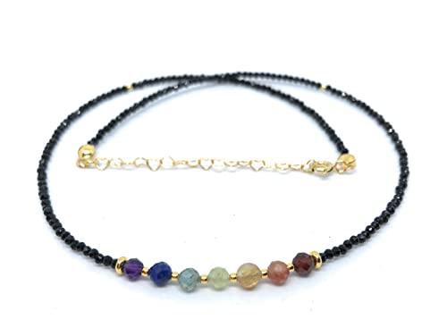 Collana con 7 chakra in pietra naturale Argento 925 placcato oro 24K lunghezza 40 cm espandibile a 45 cm