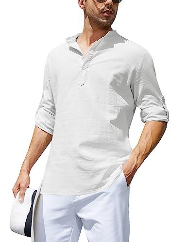 Camicia da Uomo in Lino Bianco XL, Maniche Lunghe, Abbottonatura Henley