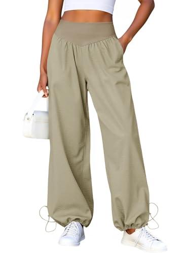 Fisoew Pantaloni da Donna a Gamba Larga e Vita Alta con Tasche e Coulisse, Cachi, L