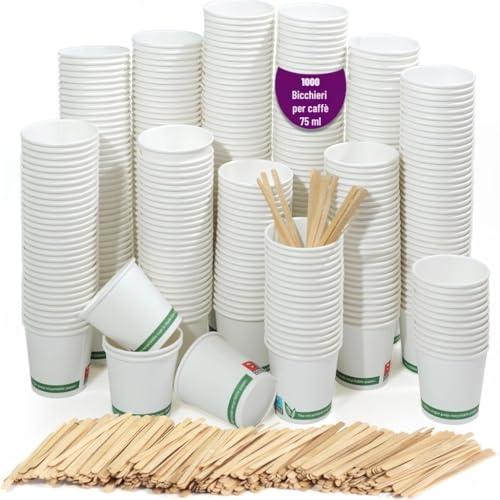 Kit 1000 Bicchierini Caffè Carta + 1000 Stecchette in Bambù Incartate Singolarmente