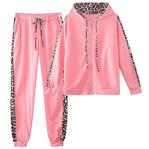 Amropi Tuta Sportiva Leopardata da Donna - Felpa con Cappuccio e Pantaloni da Jogging
