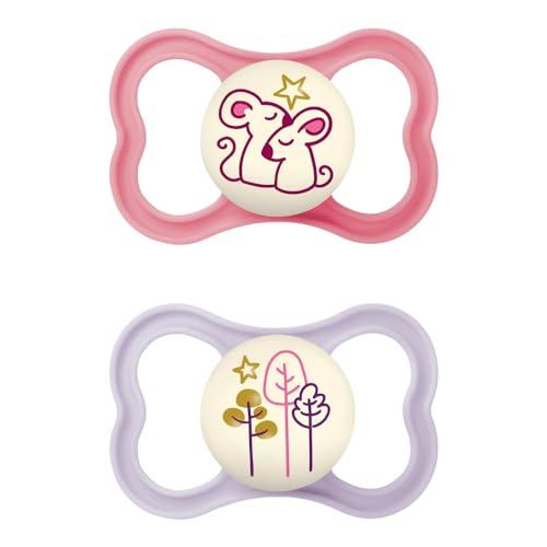 MAM Air Night Ciuccio Luminoso in Set da 2, in Silicone con Custodia Porta Succhietto, 16+ Mesi, Rosa