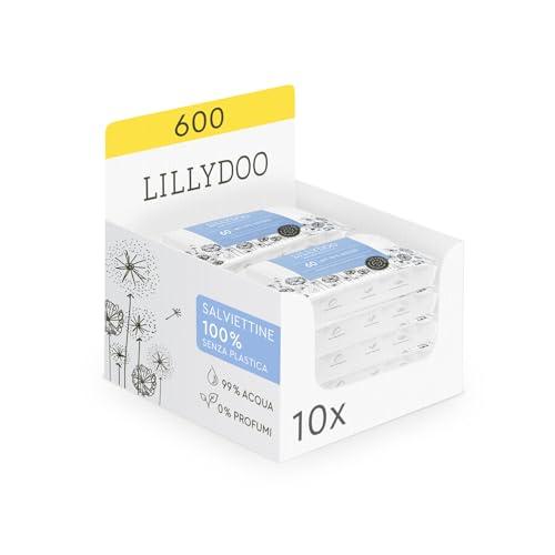 Salviettine umidificate LILLYDOO al 99% acqua, 10 confezioni da 60 pezzi (600 salviettine), 100% senza plastica, senza profumi e delicate come acqua e cotone
