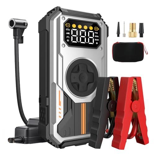 Eigotrav Avviatore Batteria Auto con Compressore 150PSI 6000A Avviatore Emergenza per Auto (Fino a 7,5L di Benzina/6,0L di Gasolio) 12V 3 Modalità Torcia Ricarica USB Booster Avviamento Portatile