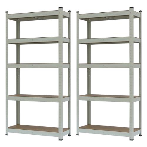 Brigros - Set Scaffali In Metallo 150x75x30cm Portata Totale 875 Kg, 5 Ripiani MDF, Carico Per Ripiano 175 Kg Scaffale Salvaspazio Per Garage, Officina, Cantina, Magazzino (Avorio)