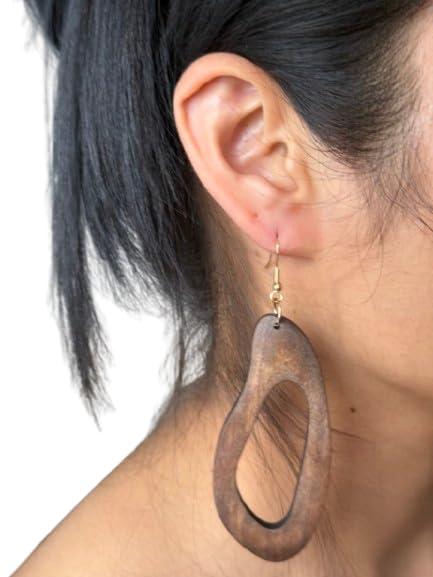 Orecchini Pendenti in Legno Marrone e Naturale con Gancio Dorato