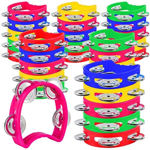 MIAHART Confezione da 32 tamburelli a mano di Natale, creatori di rumori, 4 campane, tamburelli portatili in plastica colorati, strumento ritmico musicale per la decorazione di feste, bomboniere