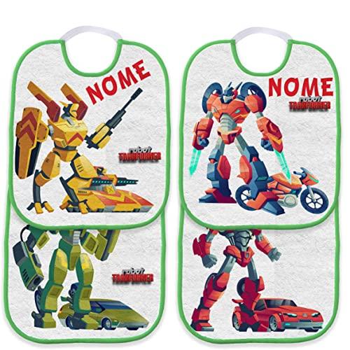 Set 4 Bavaglini Asilo Personalizzati - Transformer Robot Bordo Verde