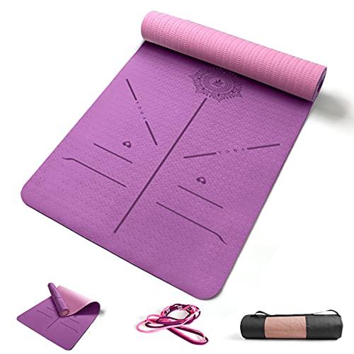 FP-TECH Tappetino da Yoga Imbottito Antiscivolo Fitness Pilates Ginnastica in TPE Mat con Sacca 183 X 68 X 0.8 CM (Viola-Rosa)