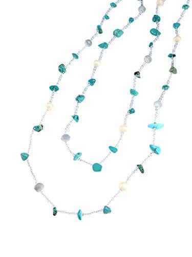 Linea Italia Gioielli - Collana Lunga Multifilo per Donna con Perle Bianche e Pietre Naturali Azzurre