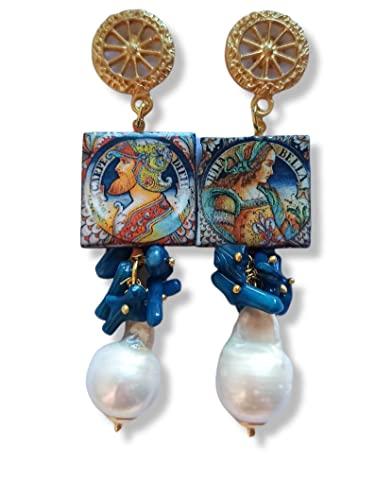Orecchini Siciliani con Mattonelle in Ceramica di Caltagirone e Perle Barocche