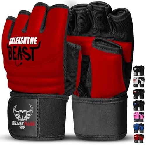 BEAST RAGE MMA guanti da boxe karate medi, per uomini e donne, Punch Bag Taekwondo Half Finger Kickboxing Sparring Martial Arts Boxing Training Gloves (rosso, M)