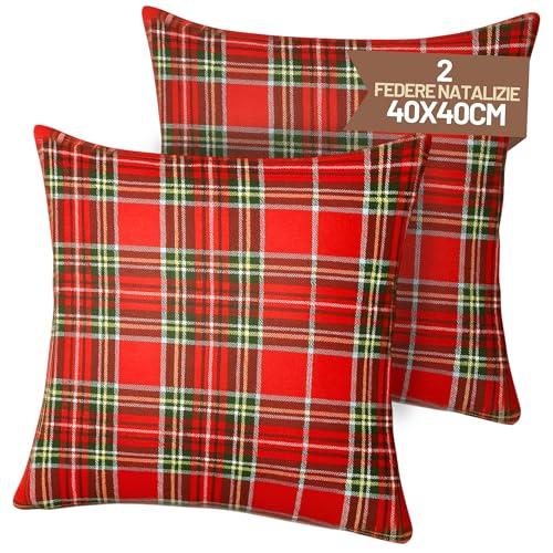 SONIT - Copri Cuscini Natalizi per Divano 40x40 - Set 2 Federe Natalizie per Cuscino Natale Made in Italy - Tartan