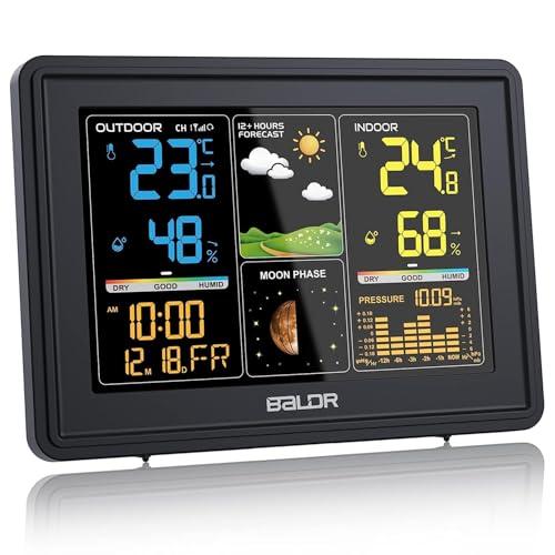 BALDR Stazione Meteo con Sensore Esterno, Display a Colori, Orologio Radiocontrollato DCF, Previsioni del Tempo, Barometro, Fasi Lunari, Termometro e Igrometro