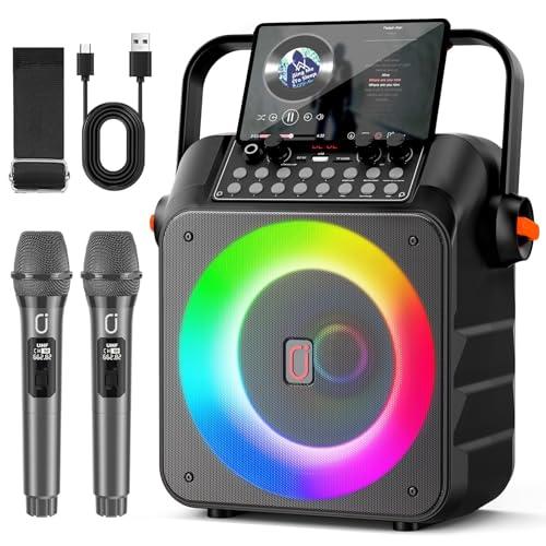 HWWR Karaoke con 2 Microfoni, Cassa Karaoke Professionale Portatile Cassa Bluetooth con LED Luci, Altoparlante Amplificato Portatile Impianto Karaoke, Supporto REC/USB/TF/AUX