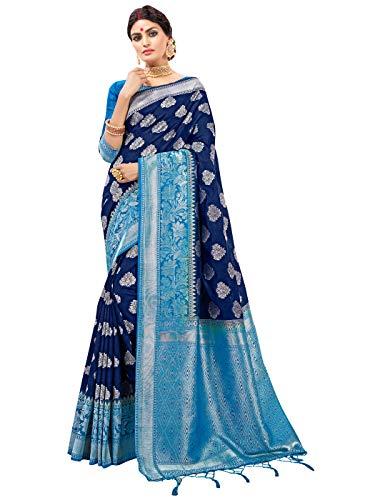 Saree Banarasi Art Silk con Zari Argento - Blu Navy