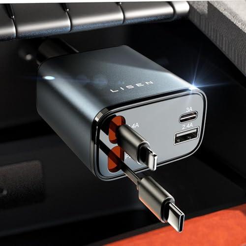 LISEN Caricabatteria per Auto, 69W Retrattile Caricatore Auto Caricabatterie Auto USB Ricarica Rapido 2 Cavo Retrattili e 2 Porte USB, Compatibile con iPhone 16 15 Pro Max/iPad/Galaxy/Tablet etc.