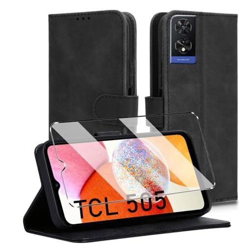 HuiYouMY Cover e Vetrino per TCL 505, Custodia a Libro in Pelle PU Nera con Protezione Antiurto e Pellicola Protettiva in Vetro Temperato