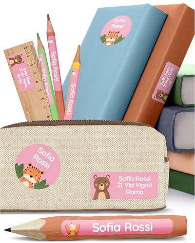 melu kids® Set di Etichette Adesive Personalizzate Scuola [100, Rosa] - Etichette Adesive per Matite, Quaderni, Materiale Scolastico e Oggetti - Resistenti all'Acqua - Tre Dimensioni