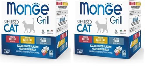 Monge Grill STERILIZZATO MULTIPACK CON POLLO, TROTA, VITELLO, cibo umido per gatti (cibo per gatti multipack con pollo, trota, vitello, ricco di vitamine, senza cereali, facilmente digeribile, 85 g)