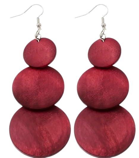 Orecchini Extra Lunghi in Legno Rosso a Tre Pezzi