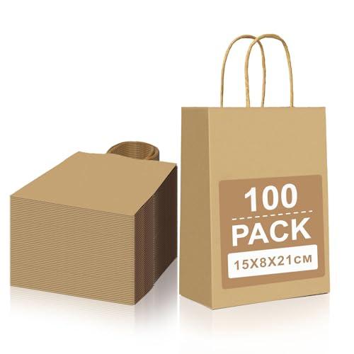 Gucass 100 Sacchetti di Carta Kraft Marroni con Manici - 15x8x21 cm