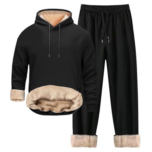 Generisch Tuta da uomo, unisex, sportiva, invernale, con cappuccio, in pile, set completo, tinta unita, con chiusura lampo, tasche comode, Nero , 4XL