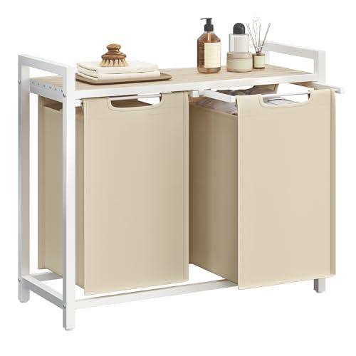 VASAGLE Cesto Portabiancheria, Porta Biancheria, 2 Sacchi in Tessuto Rimovibili, Piano d’Appoggio, Metallo, 2 x 46 L, 73 x 33 x 72 cm, Beige Cappuccino e Beige Naturale BLH201LH01