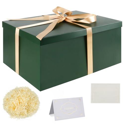 Set Scatola Regalo, Scatole Regalo Verde con Coperchi 38 x 28 x 19 cm Scatola Regalo Grande con Nastro Biglietti Auguri Carta Velina Tagliuzzata per Natale Compleanno Matrimonio