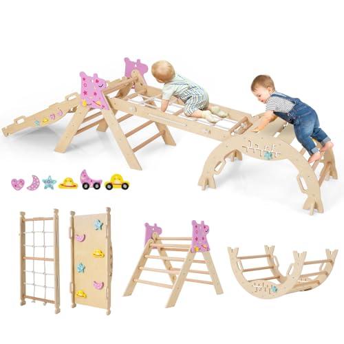COSTWAY 8 in 1 Set da Arrampicata per Bambini, Giocattoli da Arrampicata Pieghevoli con Triangolo Arco e Rampa, Giochi Montessori per Bambini 1 Anni + (Unicorno 4 pezzi, Naturale)