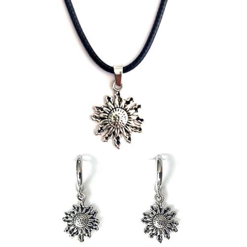 Set di Ciondoli e Orecchini Etnici - Orecchini da Donna Placcati in Platino - Ciondolo di Protezione del Fiore del Sole in Argento Vecchio - Fascino Regalo Perfetto (Set di ciondoli e orecchini)